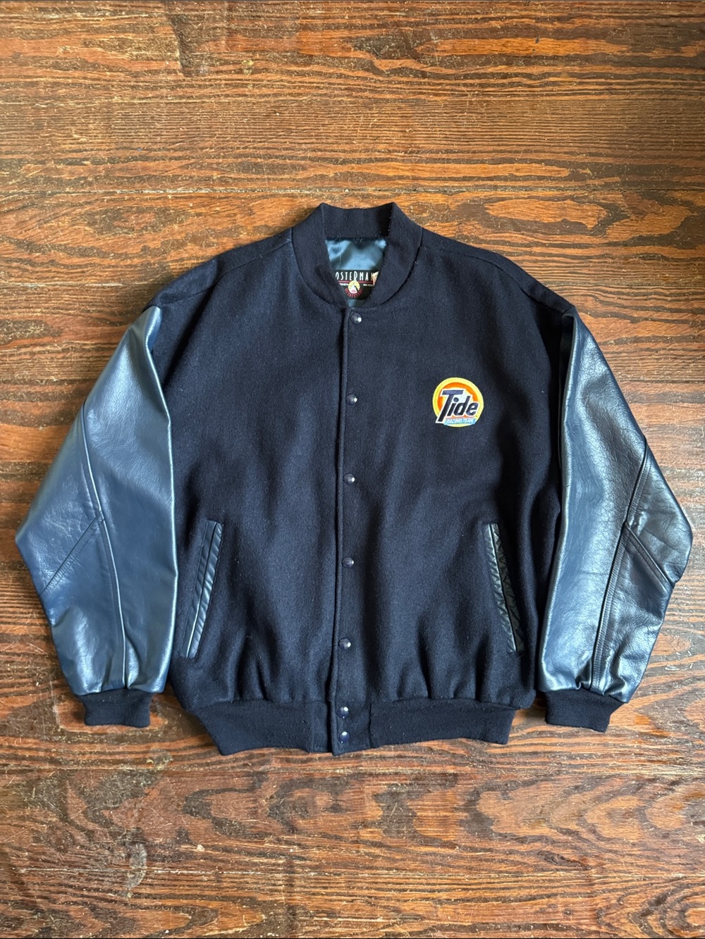 Tide Navy Wool Varsity Racing Jacket with Navy Blue  Leather Sleeves Men’s M